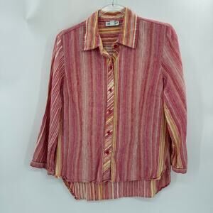 COLDWATER CREEK Linen Striped Shirt Size M 3/4 Sleeve Top Shirt Tail Hem Sunset